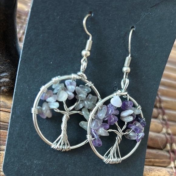 Tree of Life wire-wrapped gemstone dangle earrings - Picture 4 of 4